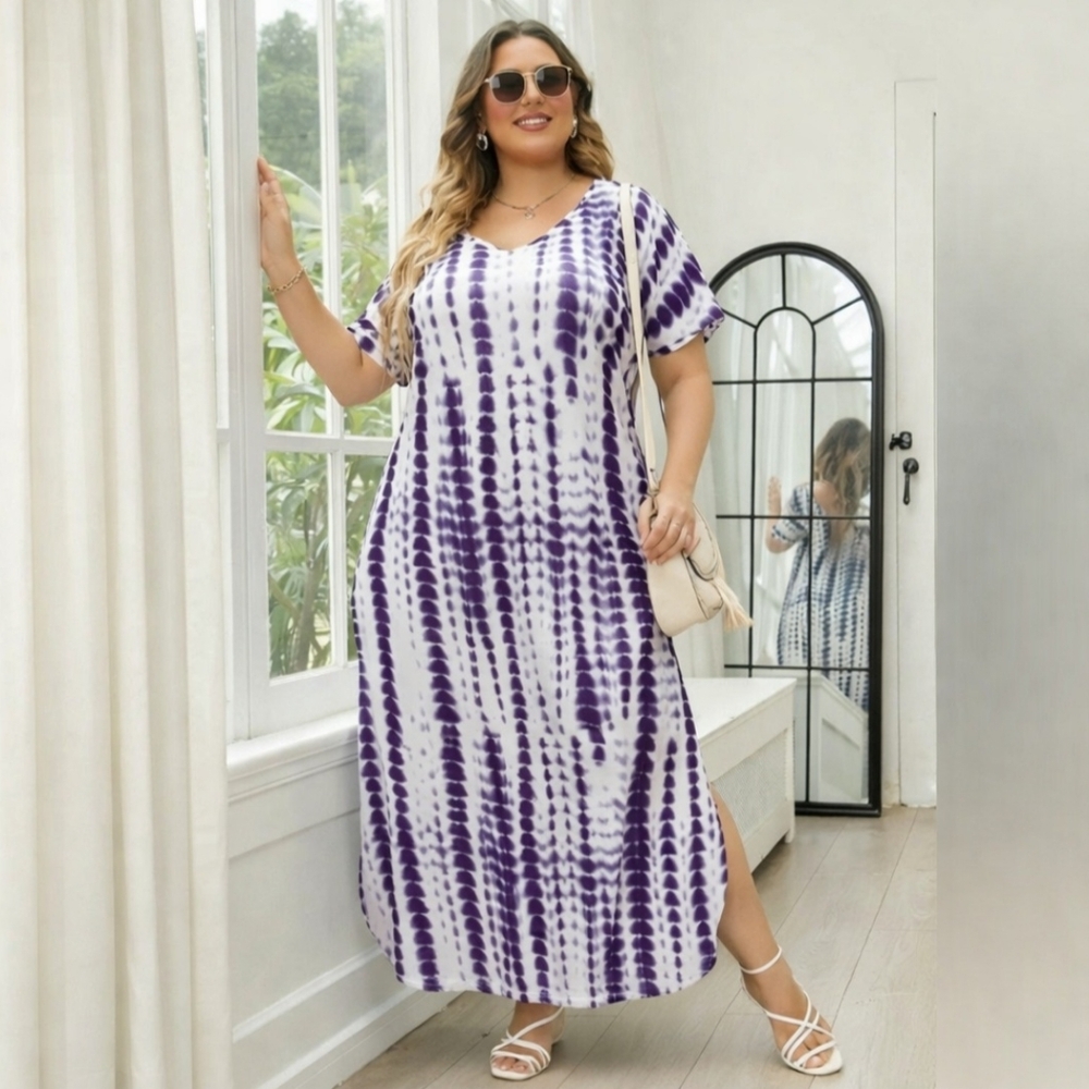 Nemidor A-line Lavender Tie-dye Dress Womens Size 4XL Maxi Pockets, Slits NWOT